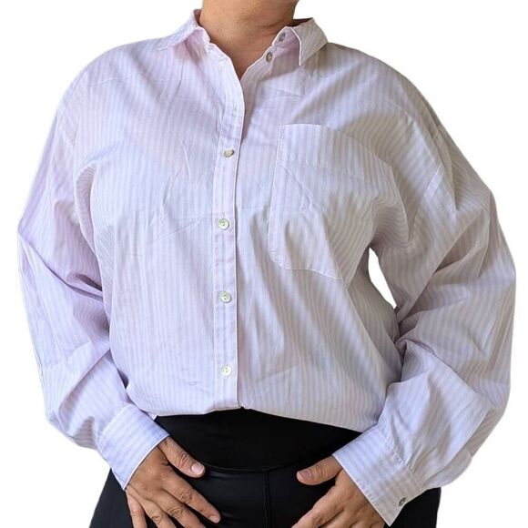 H&M Light Pink White Striped Button Down Shirt Collar Pocket Relaxed Women Sz L - Picture 1 of 5